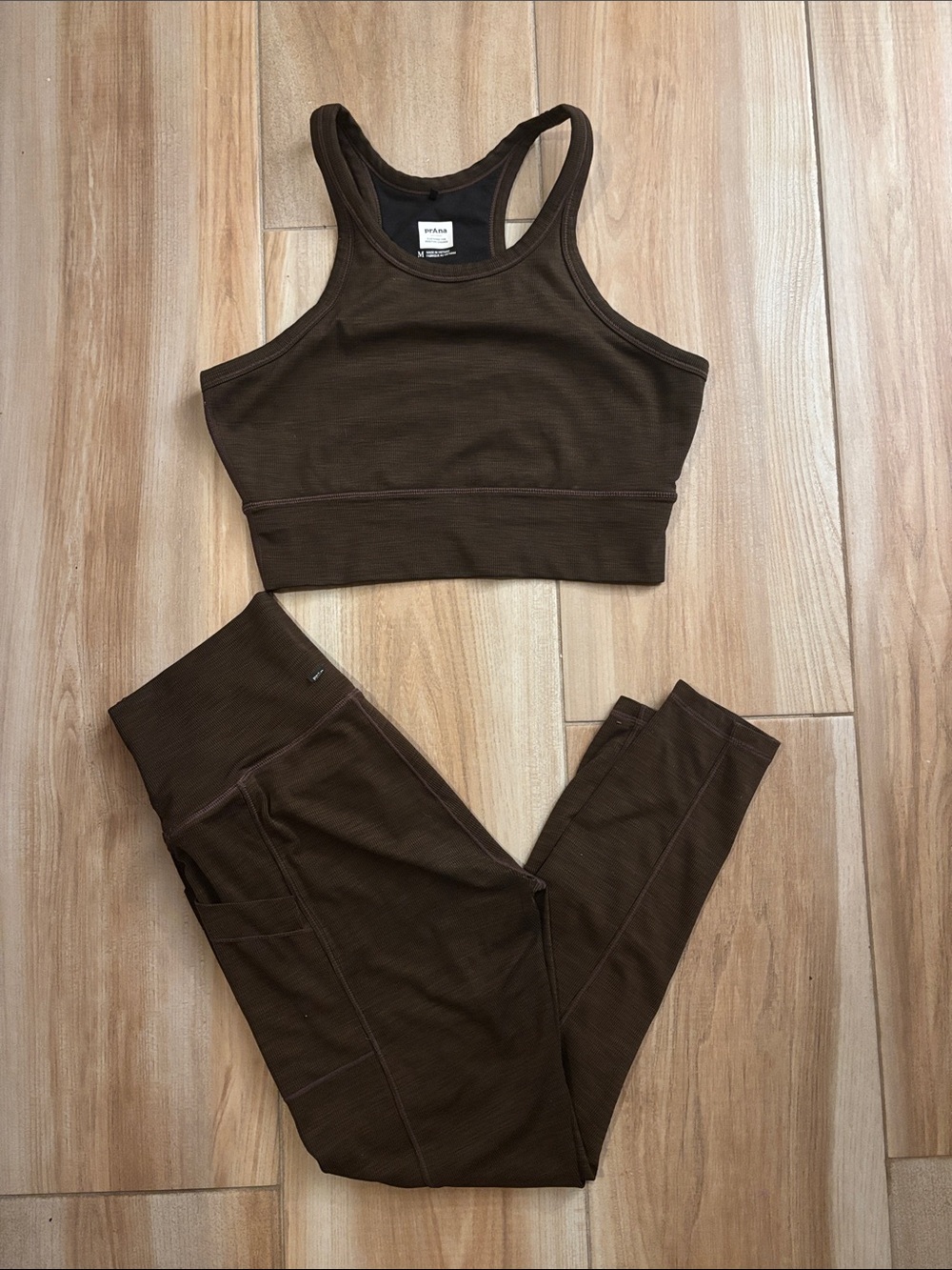 Prana Brown Ribbed High-Waist Legging and Racerback Crop Top Set